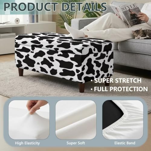 Large Black Cow Print Stretch Ottoman Cover - Soft Fit & Nonslip