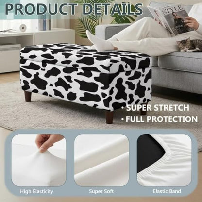 Large Black Cow Print Stretch Ottoman Cover - Soft Fit & Nonslip
