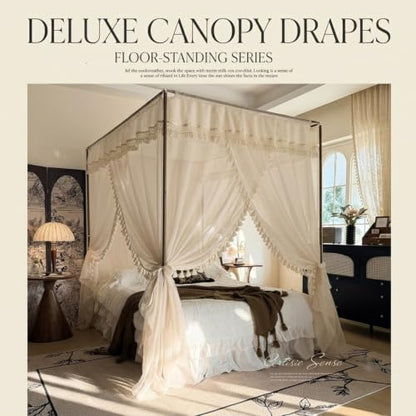 Canopy Bed Curtains with Bohemian Tassel Pendant Cotton Yarn - Beige / 1.5x2M