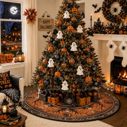 Gothic Witch Halloween Tree Skirt 60 Inch - Orange & Black, Skulls & Moon Design