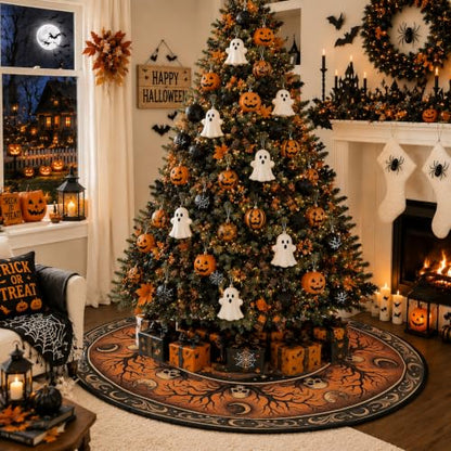 Gothic Witch Halloween Tree Skirt 60 Inch - Orange & Black, Skulls & Moon Design