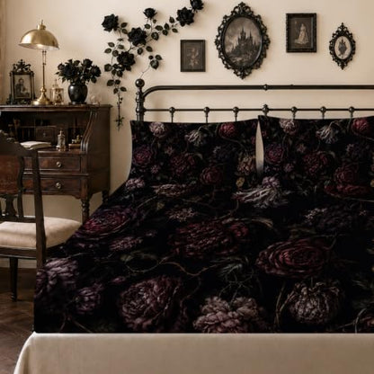 Dark Thorn Wilted Flower Fitted Sheet Set Full - Gothic Floral Bedding