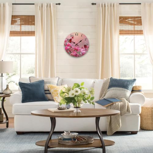 12-Inch Silent Wall Clock - Round Pink Rose Butterfly, Non-Ticking