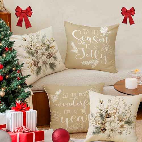 Christmas Beige Poinsettia Pillow Covers Christmas Wild Flowers 18 x 18 Inch Throw Pillows, Xmas Berry Pine Cones Seasonal Decorative Farmhouse Cushion Case for Sofa Couch Set of 4