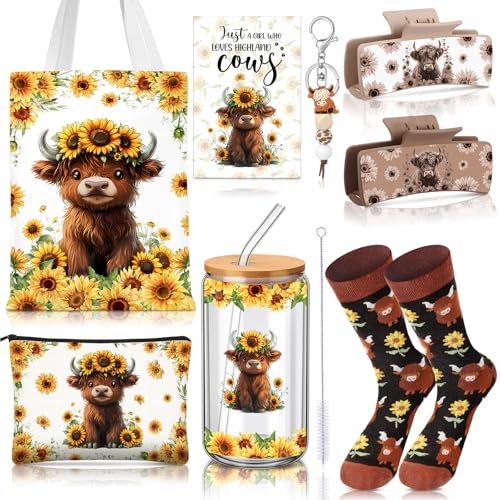 Sunflower Highland Cow Gift Set with Tumbler Tote Bag Socks - Cute Christmas Present