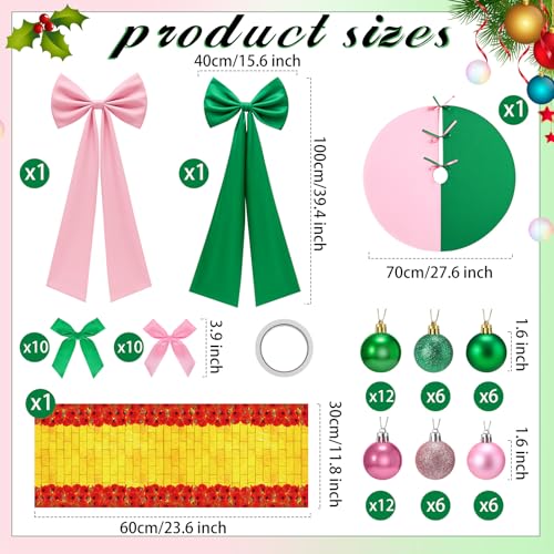 Pink and Green Christmas Tree Decorations Set with Skirt, Bows & Ornaments