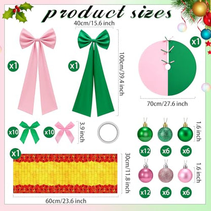 Pink and Green Christmas Tree Decorations Set with Skirt, Bows & Ornaments