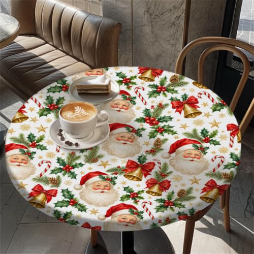 Santa Bells Round Fitted Christmas Tablecloth 65 Inch Waterproof Elastic Edge