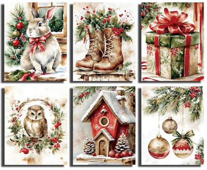 Unframed Christmas Wall Art Prints Set of 6 - Farmhouse Winter Holiday Decorations