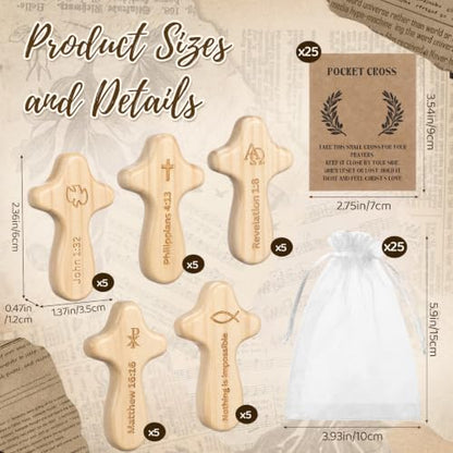 Natural Wood Pocket Cross Set with Prayer Cards - 25 Pack, 2.36 Inch