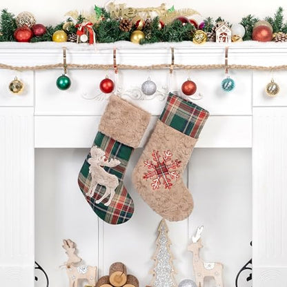 Christmas Stockings 20 Inch Red Green Plaid Plush Set - Rustic Holiday Decor