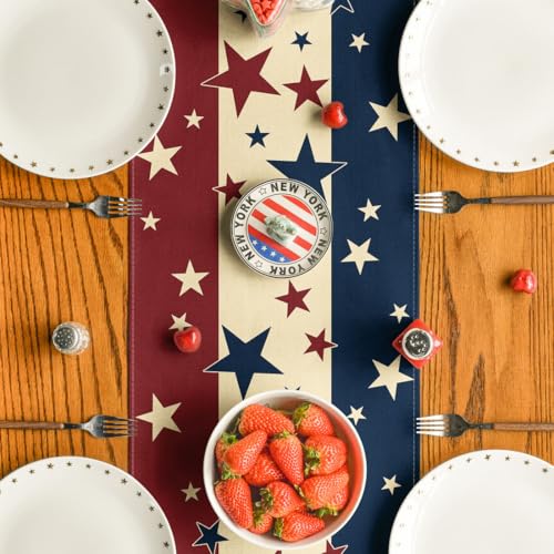 Stars & Stripes 4th of July Patriotic Table Runner 13x120 Inches - Red, Beige, Blue
