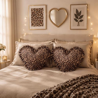 Fumete 2 Pcs Leopard Heart Pillow Set - Ruffles Brown 16 Inch