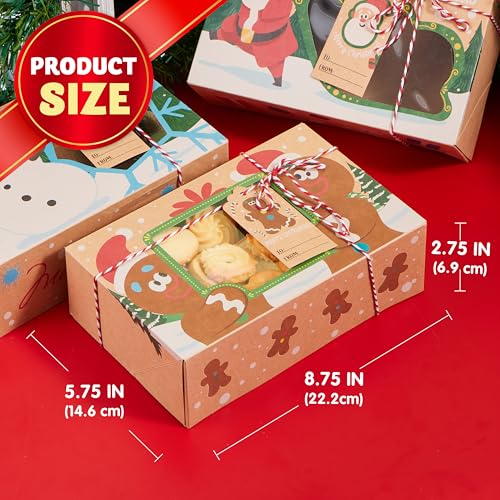 24-Piece Christmas Cookie Boxes with Window - Kraft Design Pastry Box Set, Auto-Popup Gift Boxes 8.75 x 5.75 x 2.75, JOYIN