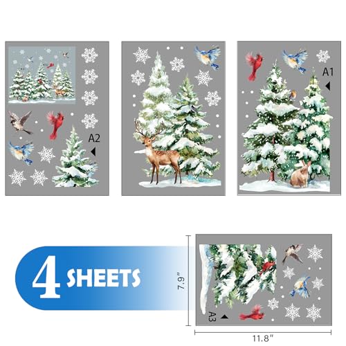 Winter Forest Animals Window Clings - Snowy Pine Trees & Birds Decor
