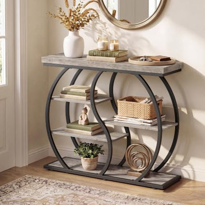 VASAGLE 39.4-Inch Narrow Entryway Console Table - 5-Tier Curved Sofa Table, Heather Greige + Matte Black