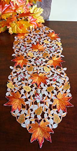 Fall Halloween Table Runner 13x36 Inches with Embroidered Pumpkins and Maple Leaves - Autumn Decor