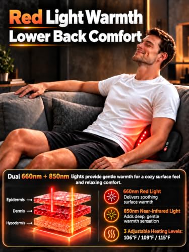 4-in-1 Lumbar Support Pillow - Cordless Back Massager with Red & Infrared Light (Black)