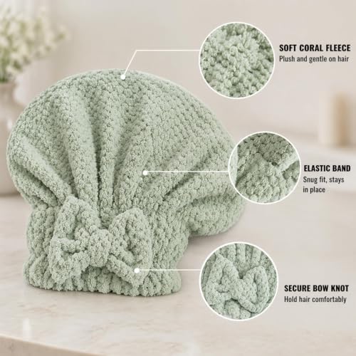 5-Piece Hair Towel Set with Hair Drying Caps, Fleece Towel & Shower Cap
