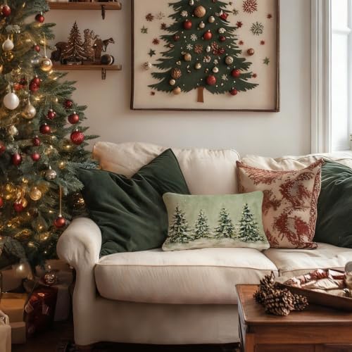 Sage Green Winter Christmas Tree Lumbar Pillow Cover 12x20 with Hidden Zipper - Pack of 1
