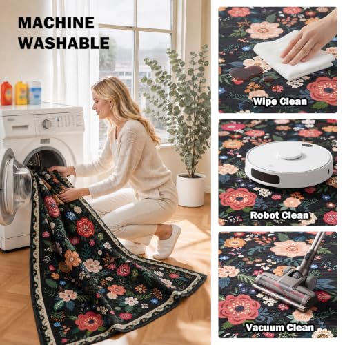 Entryway Rug 2x3 Black Floral Washable Non-Slip Indoor Mat - Home Decor