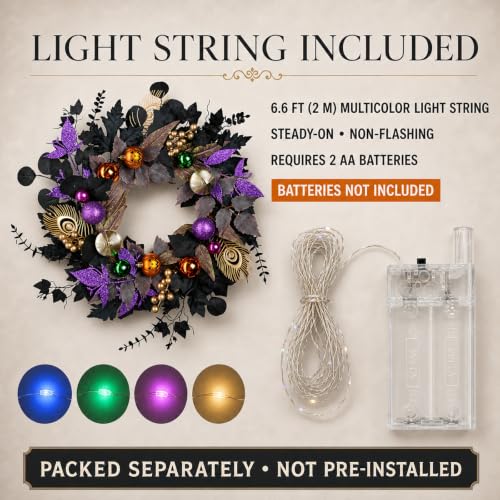 Halloween Wreath with Lights 22-Inch Black and Purple Front Door Decor