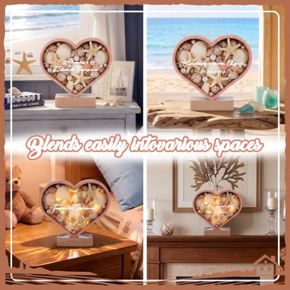 Heart-Shaped Wooden Seashell Display Stand with LED Light and Custom Name - Coastal Shadow Box