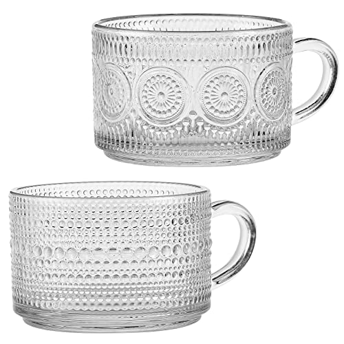 Vintage Glass Coffee Mug Set 14 Oz Stackable Tea Cups with Handle for Hot Cold Beverages