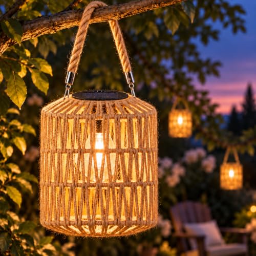Cooo 2 Pack Large Solar Rope Lanterns for Outdoor Gardens - Natural Plant Fiber, Handwoven, 8.27 Inch