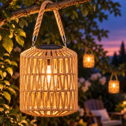Cooo 2 Pack Large Solar Rope Lanterns for Outdoor Gardens - Natural Plant Fiber, Handwoven, 8.27 Inch