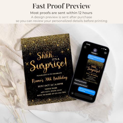 Black Gold 70th Surprise Birthday Invitations - Personalized 5x7 Set with Envelopes