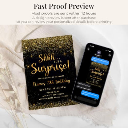 Black Gold 70th Surprise Birthday Invitations - Personalized 5x7 Set with Envelopes
