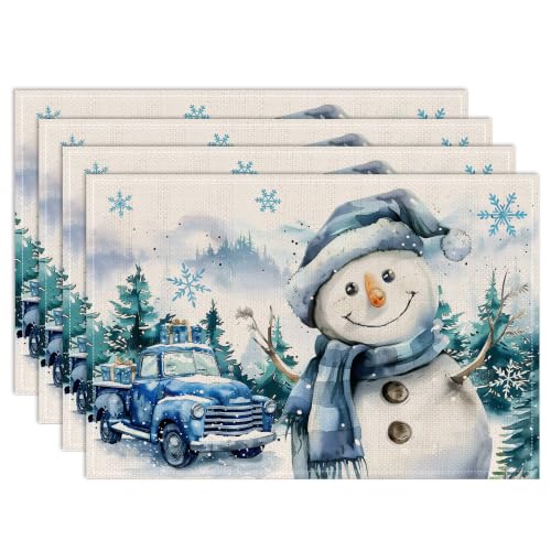 Snowman Christmas Placemats Set of 4 - 12x18 Inches Holiday Table Decor
