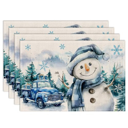 Snowman Christmas Placemats Set of 4 - 12x18 Inches Holiday Table Decor