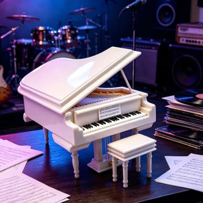 White Piano Music Box with Bench & Black Case - Melody for Elise Gift