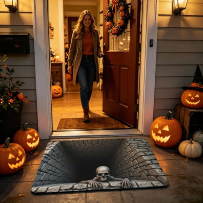 Halloween Optical Illusion Rug - 3D Bottomless Pit Non-Slip Bath Mat, 24x16 Inches