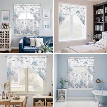 JasmineM 3 Piece Coastal Watercolor Kitchen Curtain Set - 27.5"W x 24"L