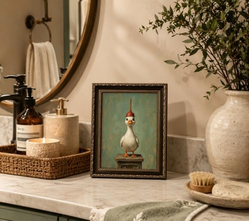 Funny Bathroom Duck Wall Art Canvas - Gold Frame, 9x11 inches, Goose Variation