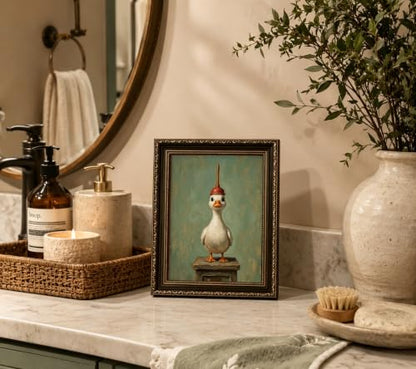 Funny Bathroom Duck Wall Art Canvas - Gold Frame, 9x11 inches, Goose Variation