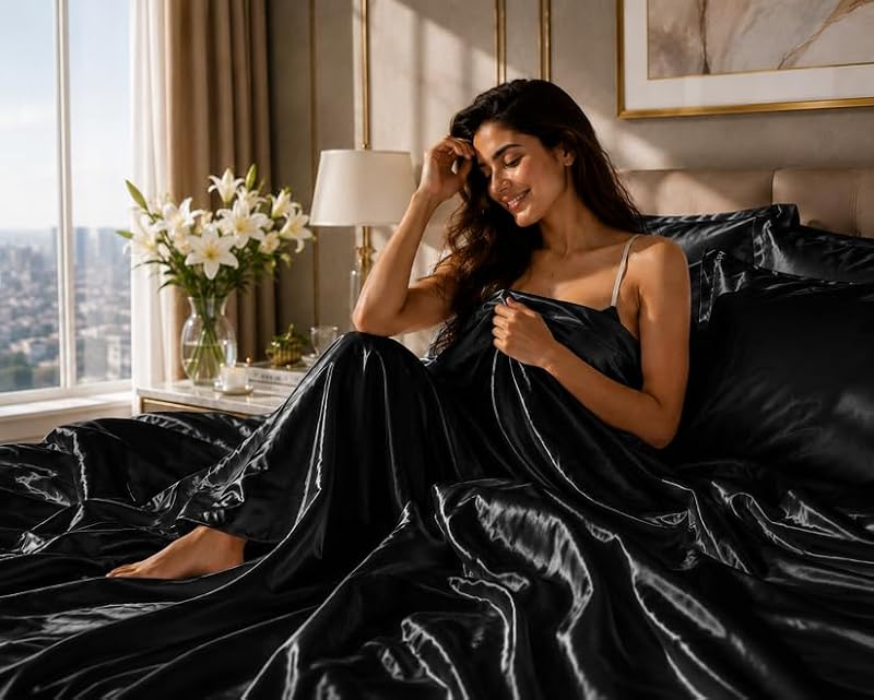 Black Satin Sheet Set 4 Piece Queen Bed Linen with Deep Pocket - Bedify Bedding