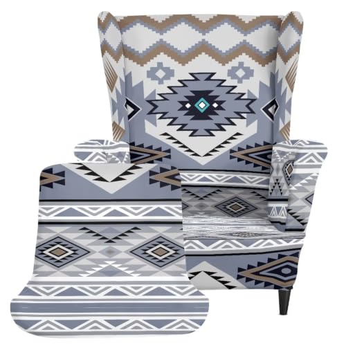 2 Pieces Wingback Chair Slipcover Light Gray Blue Aztec Pattern - Reversible & Stretchable