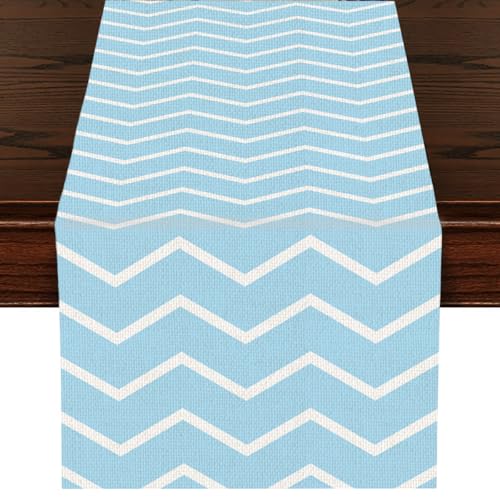 Wave Shape Table Runner - Indoor Outdoor Kitchen Dining Decor, 13 x 72 Inch - Blue