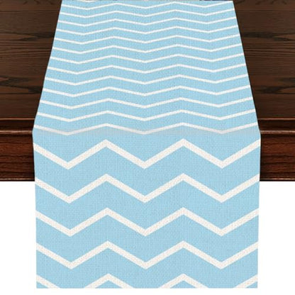 Wave Shape Table Runner - Indoor Outdoor Kitchen Dining Decor, 13 x 72 Inch - Blue