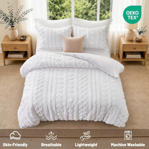 Queen Boho Duvet Cover Set with Tufted Geometric Texture - White