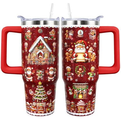 Christmas Gingerbread Tumbler with Handle 30 oz - Red Insulated Travel Mug