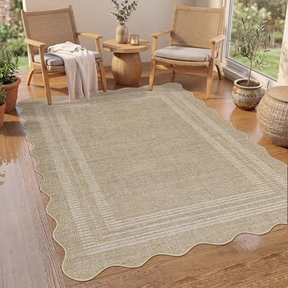 GarveeHome 5x7 Rectangular Scalloped Area Rug - Washable Non Slip Low Pile Tan