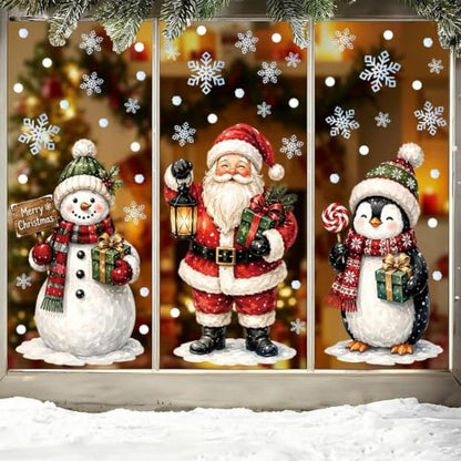 3pcs Christmas Snowman Window Clings - Large Winter Holiday Decor with Santa Penguin Snowflakes - Variation 1283