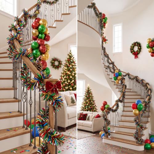 Christmas Tinsel Garland Set - 3 Pack, 59 ft Each, Red Blue Yellow Green - Holiday Decor