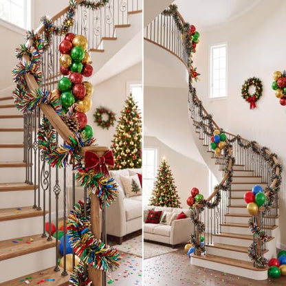 Christmas Tinsel Garland Set - 3 Pack, 59 ft Each, Red Blue Yellow Green - Holiday Decor