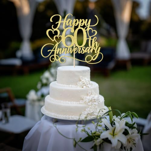 Happy 60th Anniversary Cake Topper Glitter Celebration Decoration - Gold